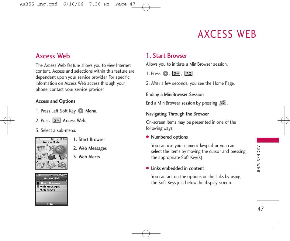 Axcess web, Start browser | LG LGAX355 User Manual | Page 49 / 110