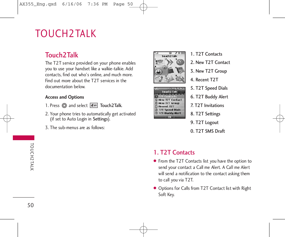 Touch2talk, T2t contacts | LG LGAX355 User Manual | Page 52 / 110