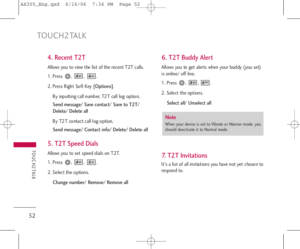 Touch2talk, Recent t2t, T2t speed dials | T2t buddy alert, T2t invitations | LG LGAX355 User Manual | Page 54 / 110
