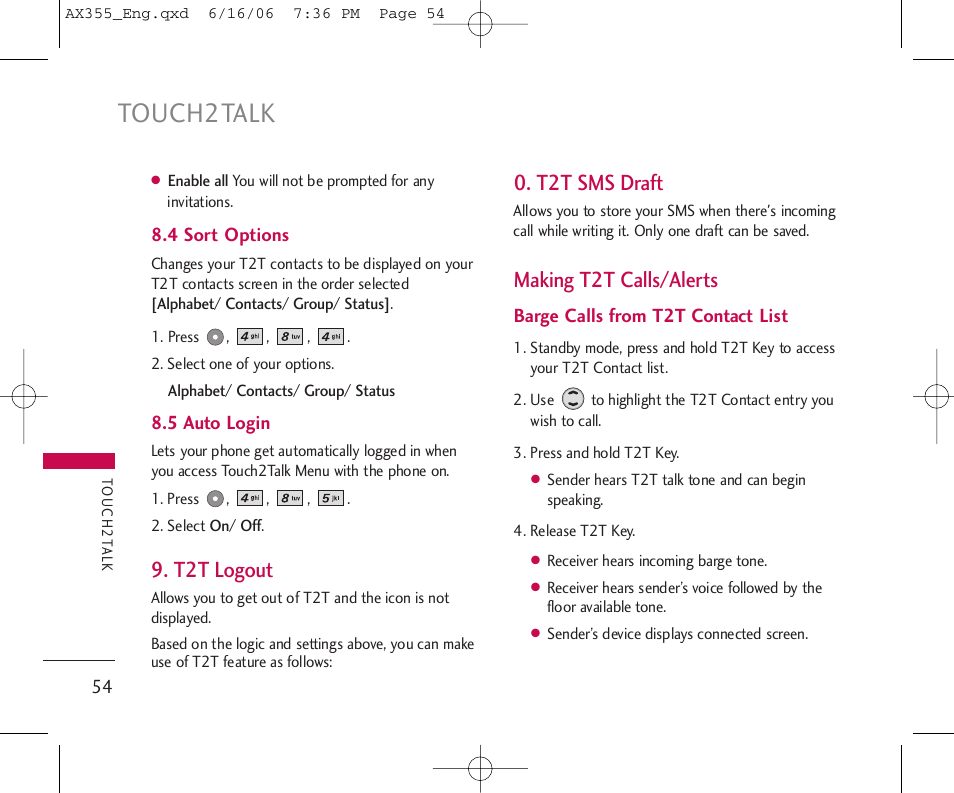 Touch2talk, T2t logout, T2t sms draft | Making t2t calls/alerts | LG LGAX355 User Manual | Page 56 / 110