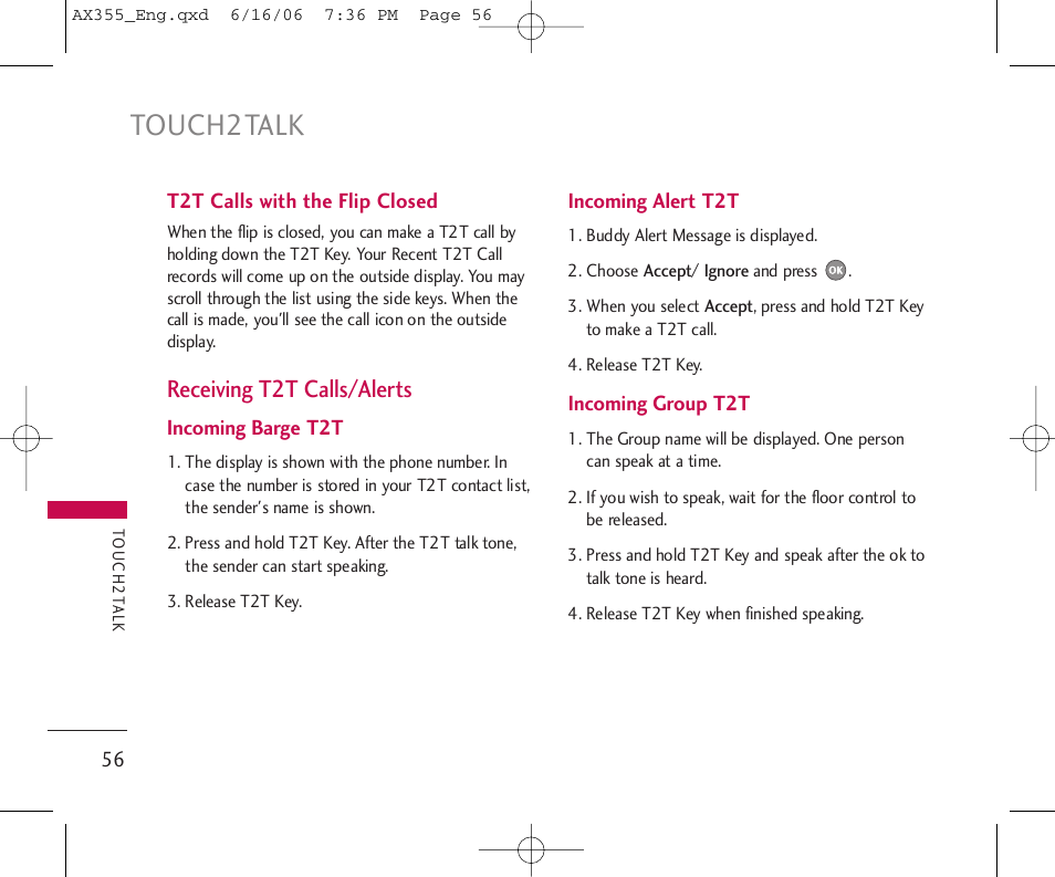 Touch2talk, Receiving t2t calls/alerts | LG LGAX355 User Manual | Page 58 / 110
