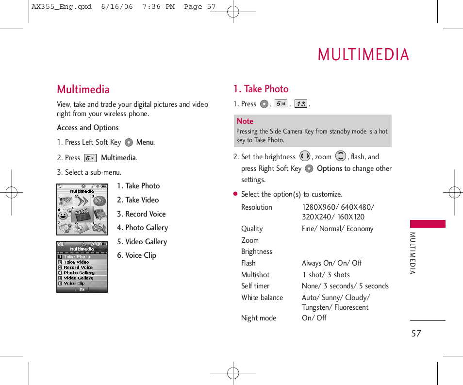 Multimedia, Take photo | LG LGAX355 User Manual | Page 59 / 110