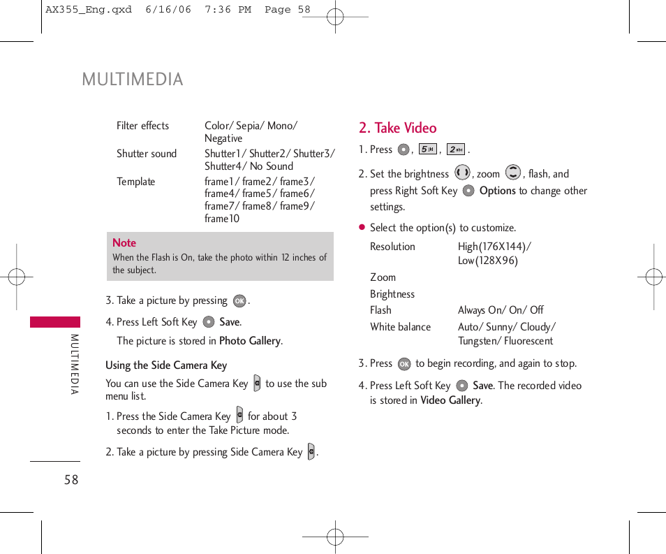 Multimedia, Take video | LG LGAX355 User Manual | Page 60 / 110