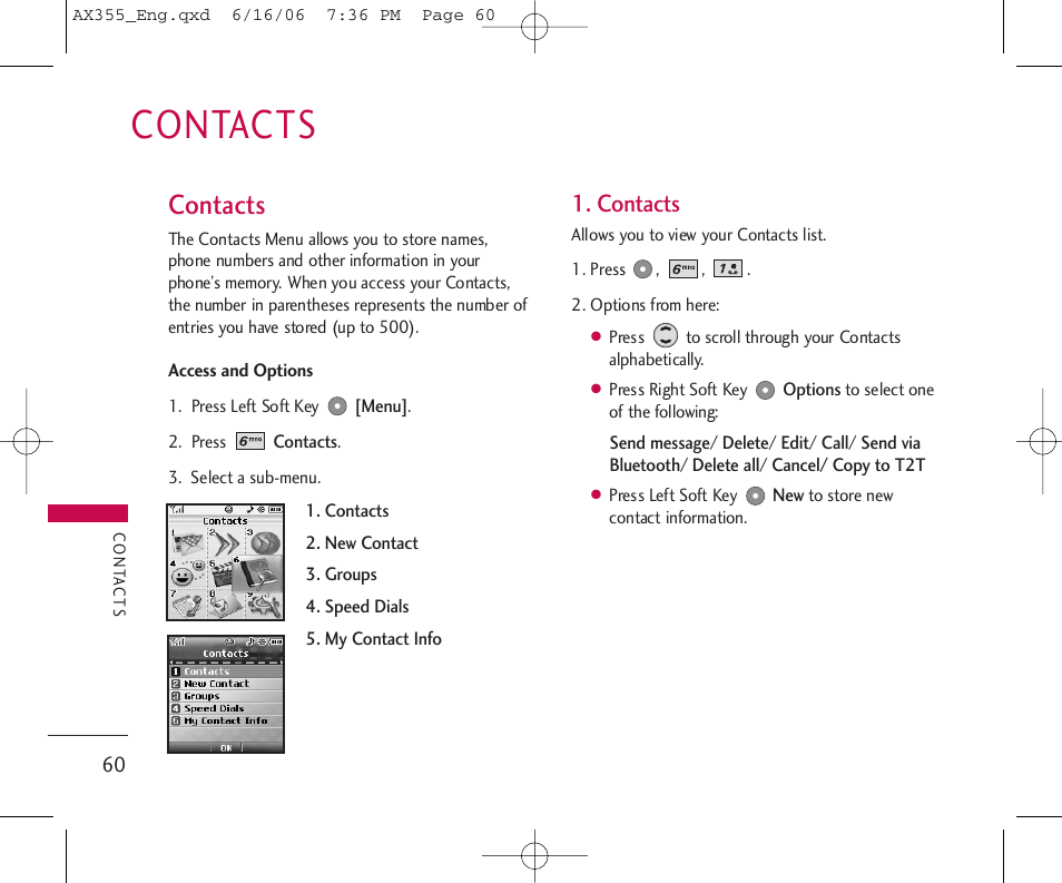 Contacts | LG LGAX355 User Manual | Page 62 / 110