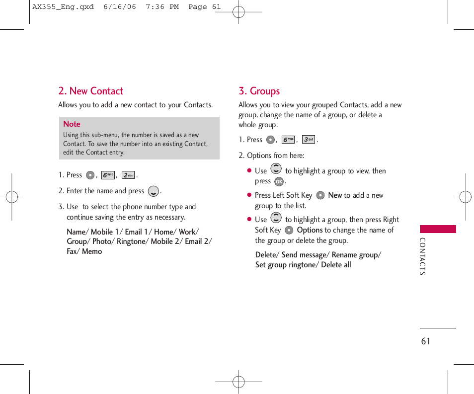 New contact, Groups | LG LGAX355 User Manual | Page 63 / 110