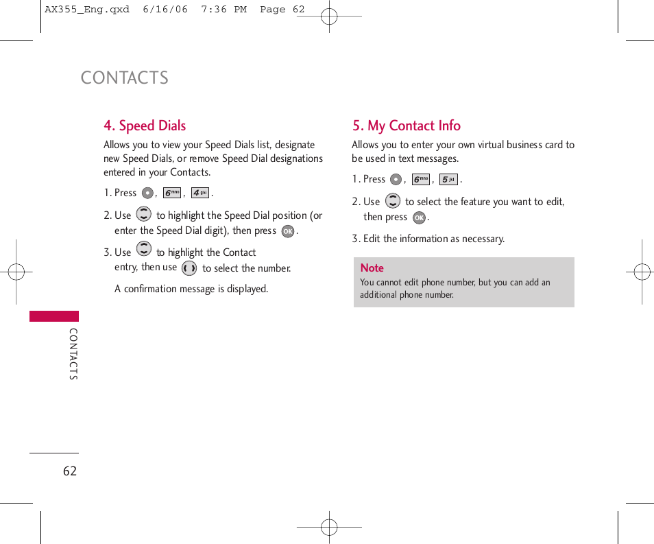 Contacts, Speed dials, My contact info | LG LGAX355 User Manual | Page 64 / 110