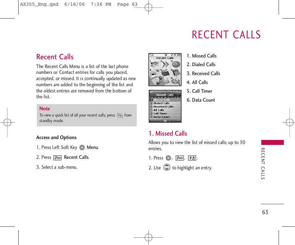 Recent calls, Missed calls | LG LGAX355 User Manual | Page 65 / 110