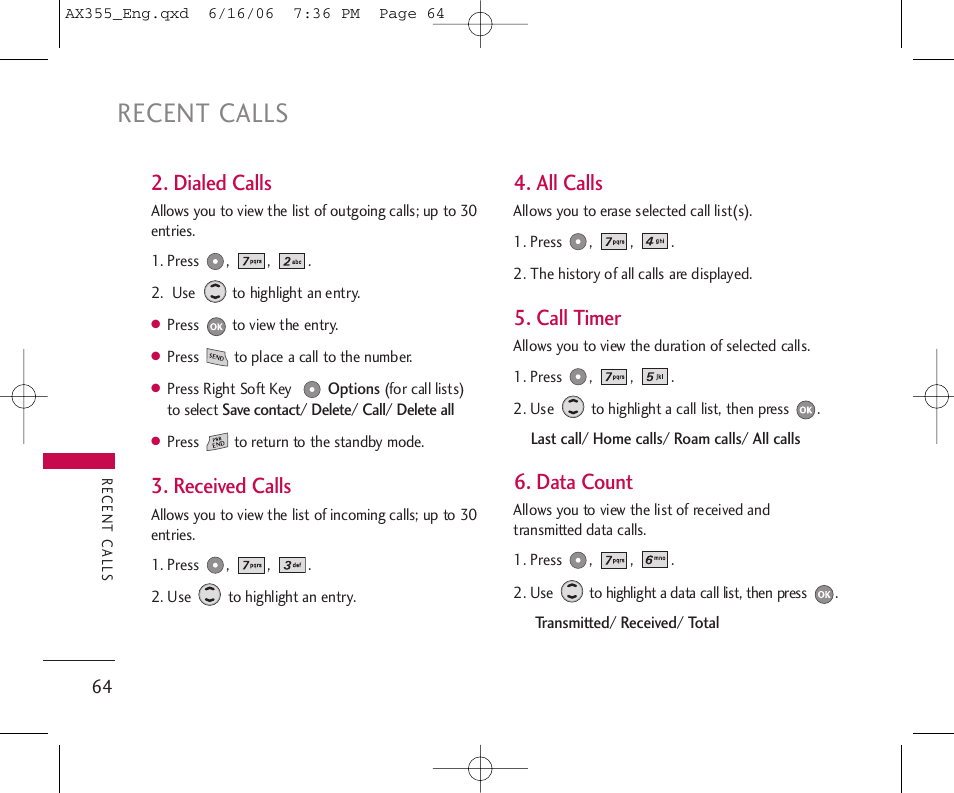Recent calls, Dialed calls, Received calls | All calls, Call timer, Data count | LG LGAX355 User Manual | Page 66 / 110