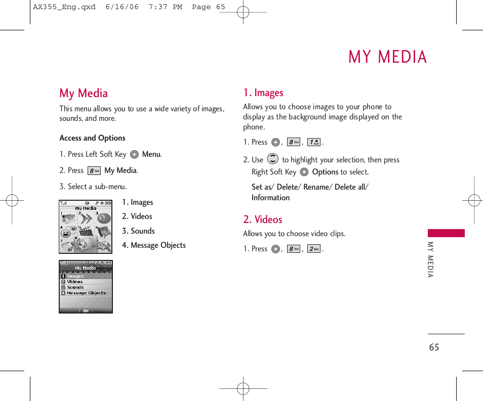 My media, Images, Videos | LG LGAX355 User Manual | Page 67 / 110