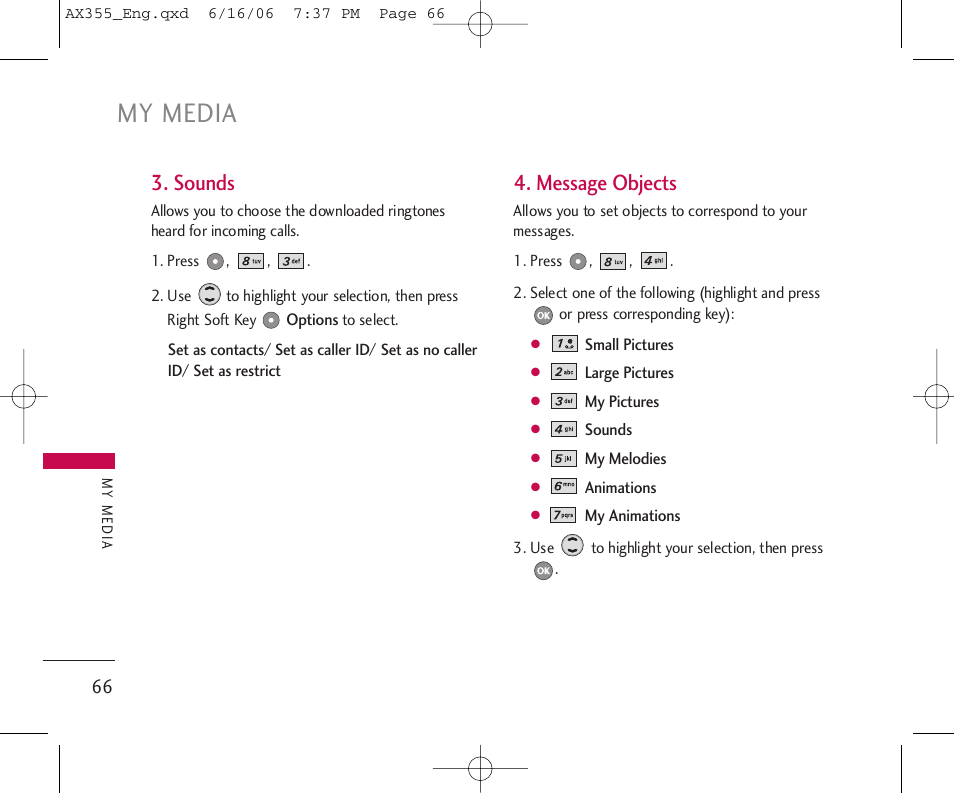 My media, Sounds, Message objects | LG LGAX355 User Manual | Page 68 / 110