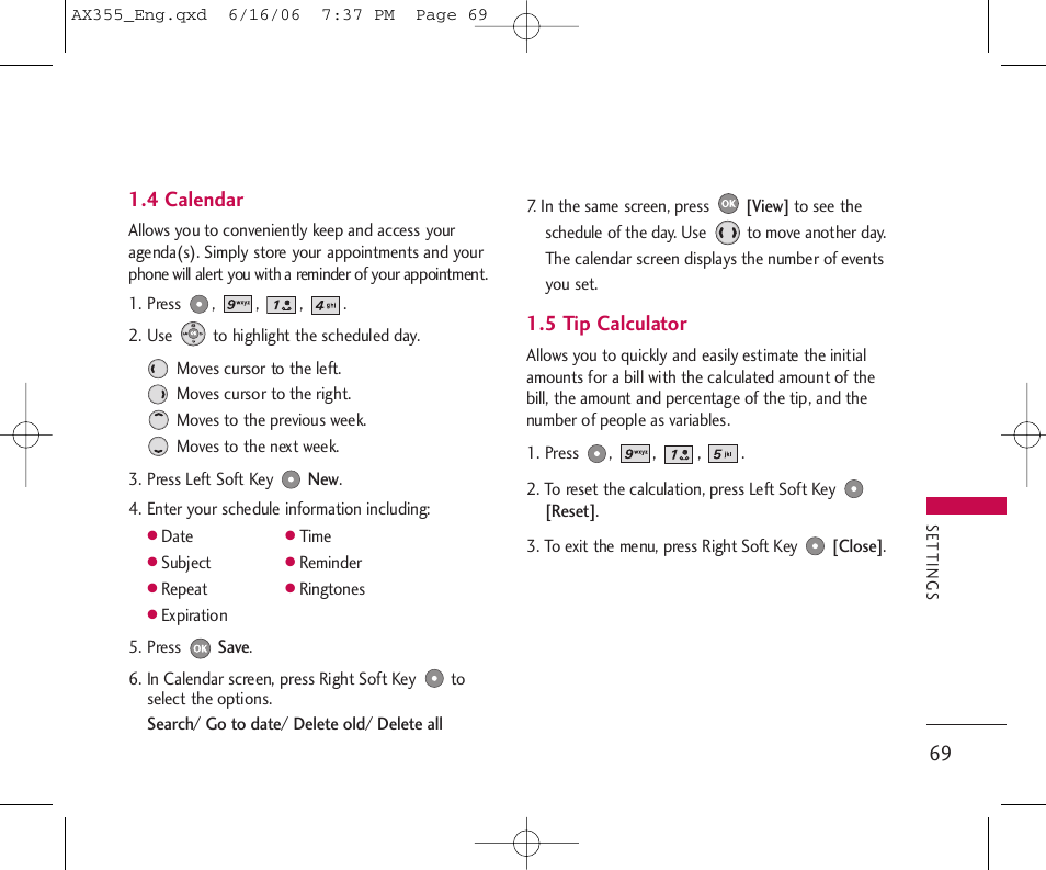 4 calendar, 5 tip calculator | LG LGAX355 User Manual | Page 71 / 110