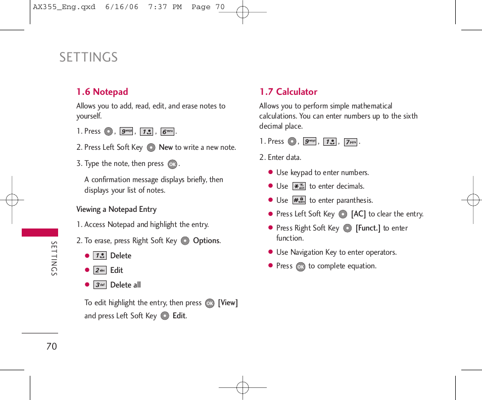 Settings | LG LGAX355 User Manual | Page 72 / 110