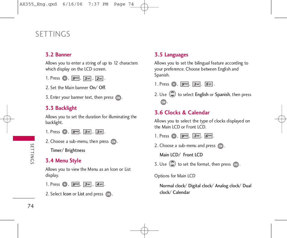 Settings | LG LGAX355 User Manual | Page 76 / 110