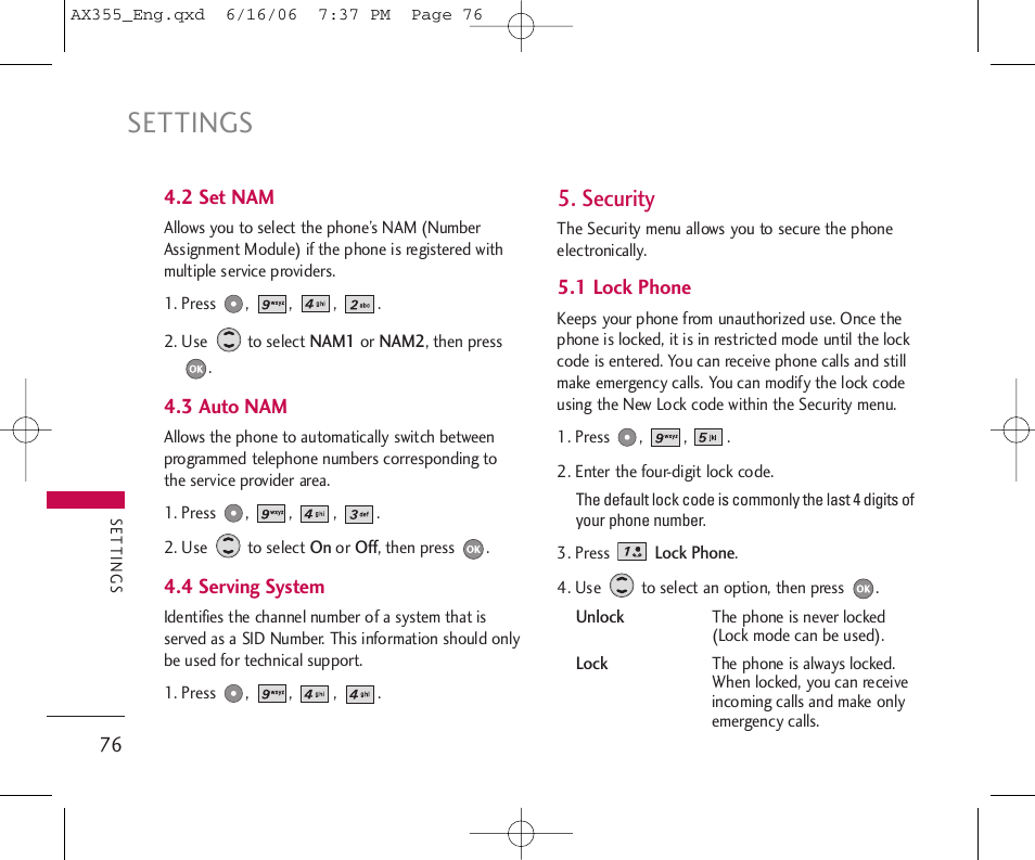 Settings, Security | LG LGAX355 User Manual | Page 78 / 110