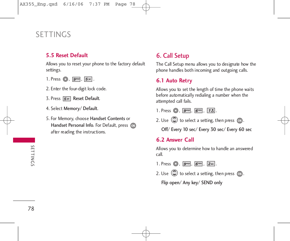 Settings, Call setup | LG LGAX355 User Manual | Page 80 / 110