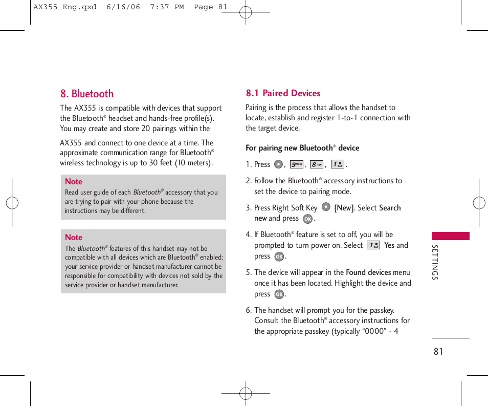 Bluetooth, 1 paired devices | LG LGAX355 User Manual | Page 83 / 110