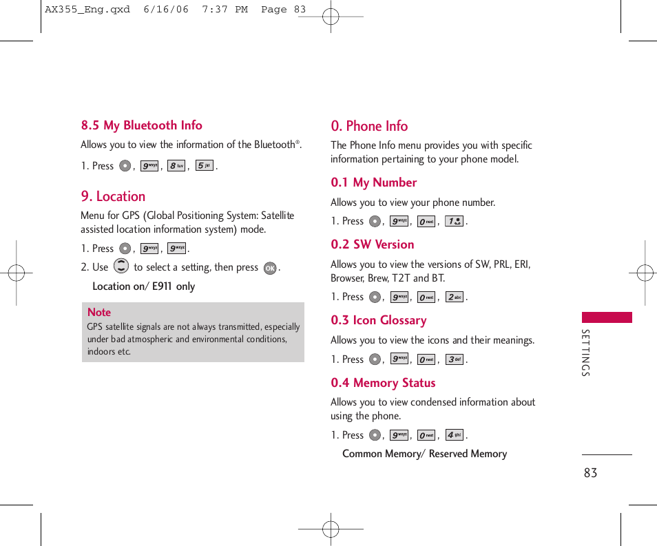 Location, Phone info | LG LGAX355 User Manual | Page 85 / 110