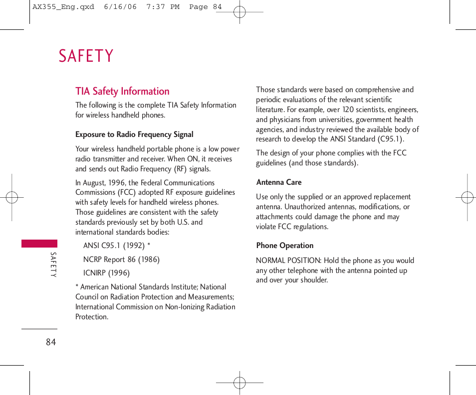 Safety, Tia safety information | LG LGAX355 User Manual | Page 86 / 110