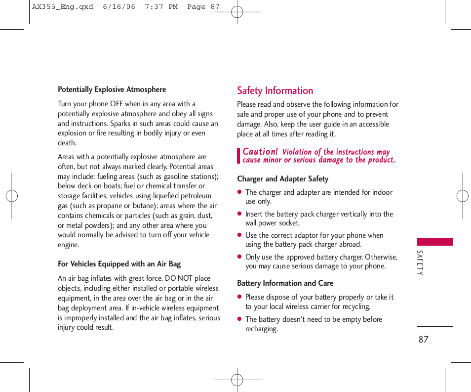 Safety information | LG LGAX355 User Manual | Page 89 / 110