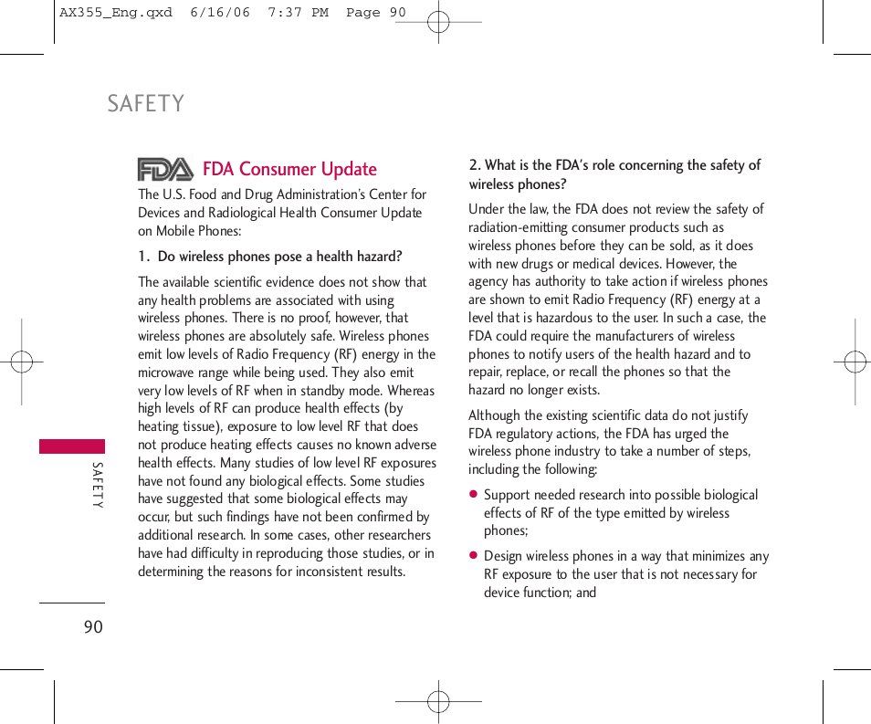 Safety, Fda consumer update | LG LGAX355 User Manual | Page 92 / 110