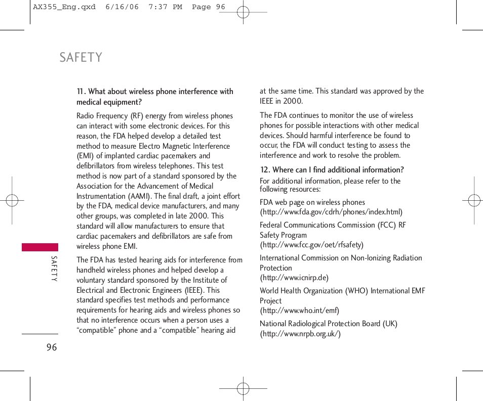 Safety | LG LGAX355 User Manual | Page 98 / 110