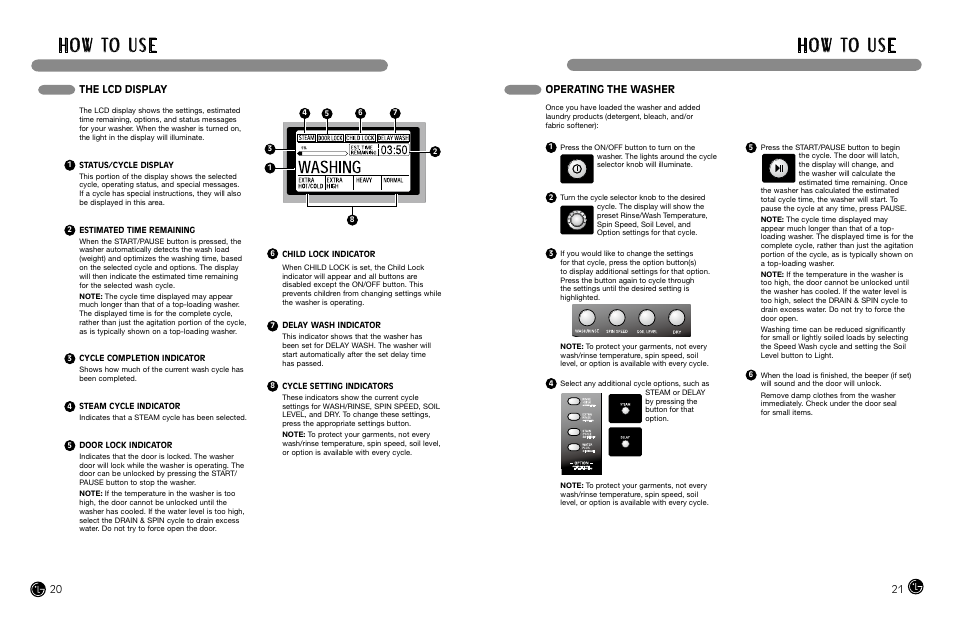 H o w to u s e, The lcd display, Operating the washer | LG WM3988HWA User Manual | Page 12 / 42