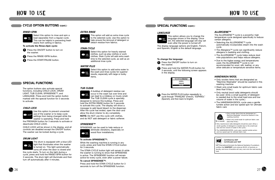 H o w to u s e, Special functions, Cycle option buttons | LG WM3988HWA User Manual | Page 15 / 42