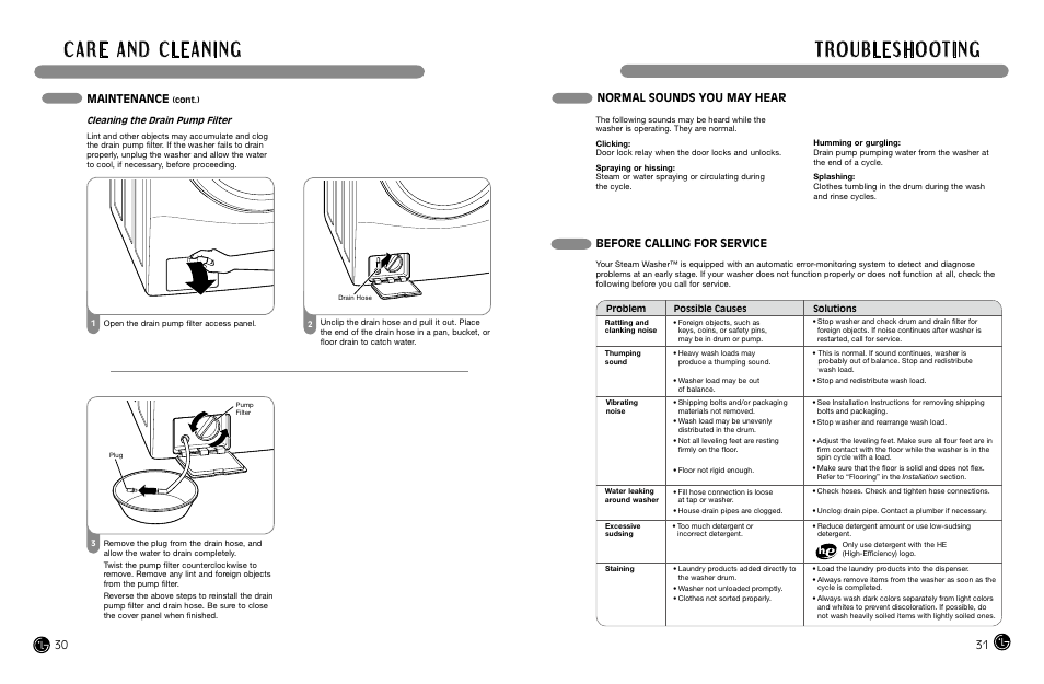 Normal sounds you may hear, Before calling for service, Maintenance | LG WM3988HWA User Manual | Page 17 / 42