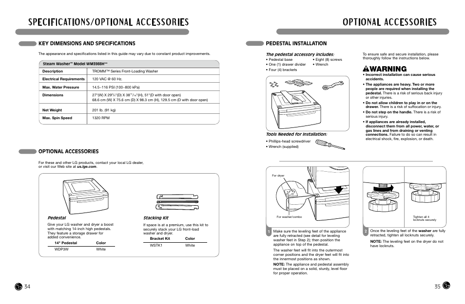 Wwarning, Pedestal installation, Key dimensions and specifications | Optional accessories | LG WM3988HWA User Manual | Page 19 / 42