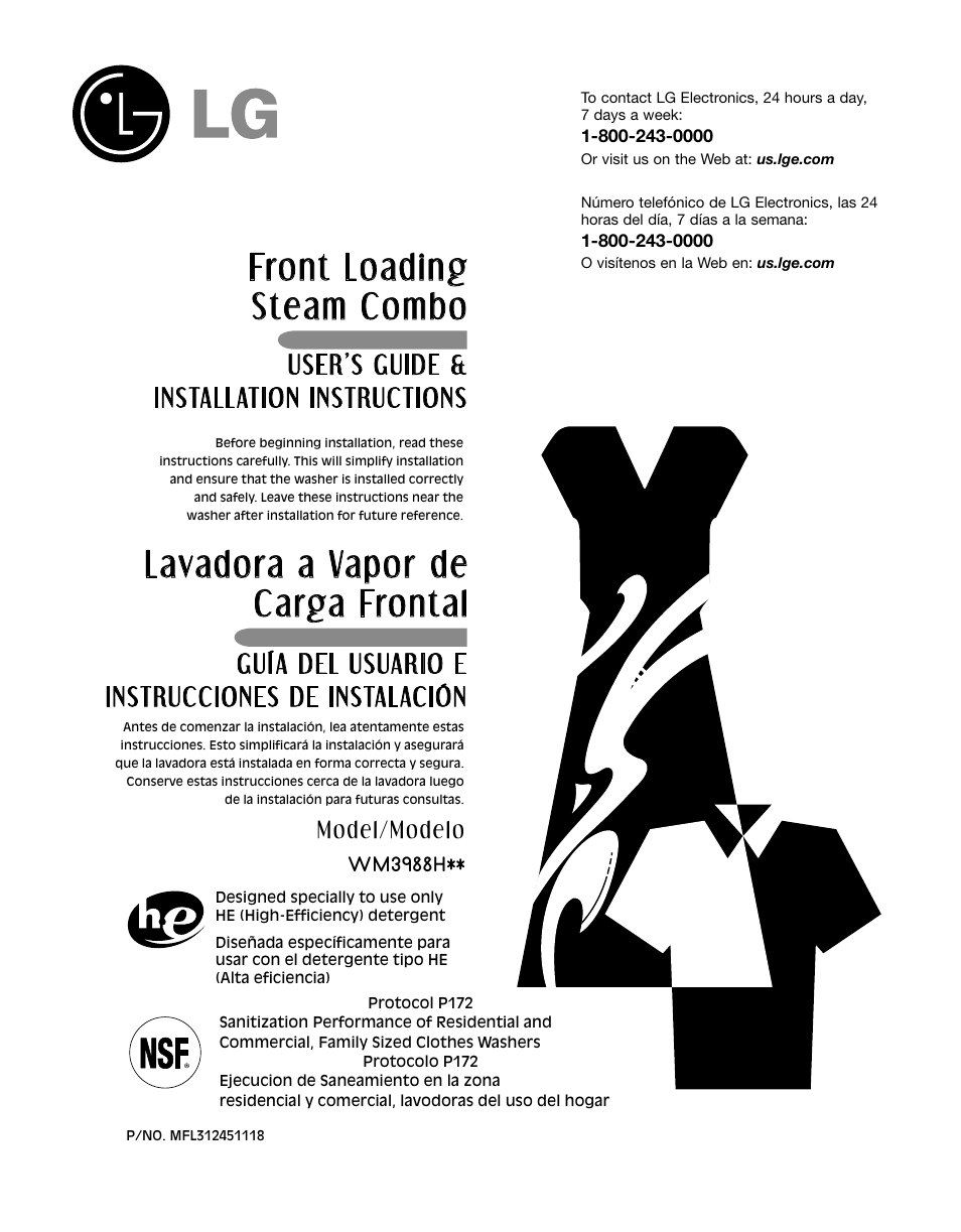 Front loading steam combo, Lavadora a vapor de carga frontal, User’s guide & installation instructions | Wm3988h, Guía del usuario e instrucciones de instalación, Model/modelo | LG WM3988HWA User Manual | Page 2 / 42