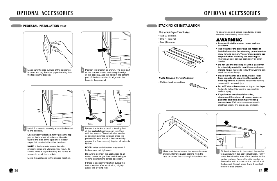 Wwarning, Stacking kit installation, Pedestal installation | LG WM3988HWA User Manual | Page 20 / 42