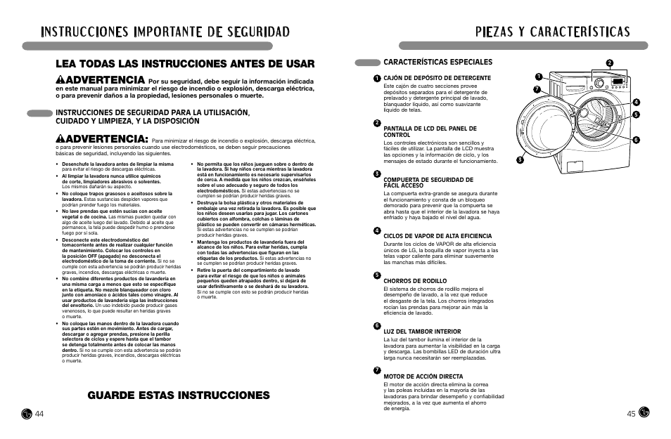 Wadvertencia, Características especiales | LG WM3988HWA User Manual | Page 24 / 42