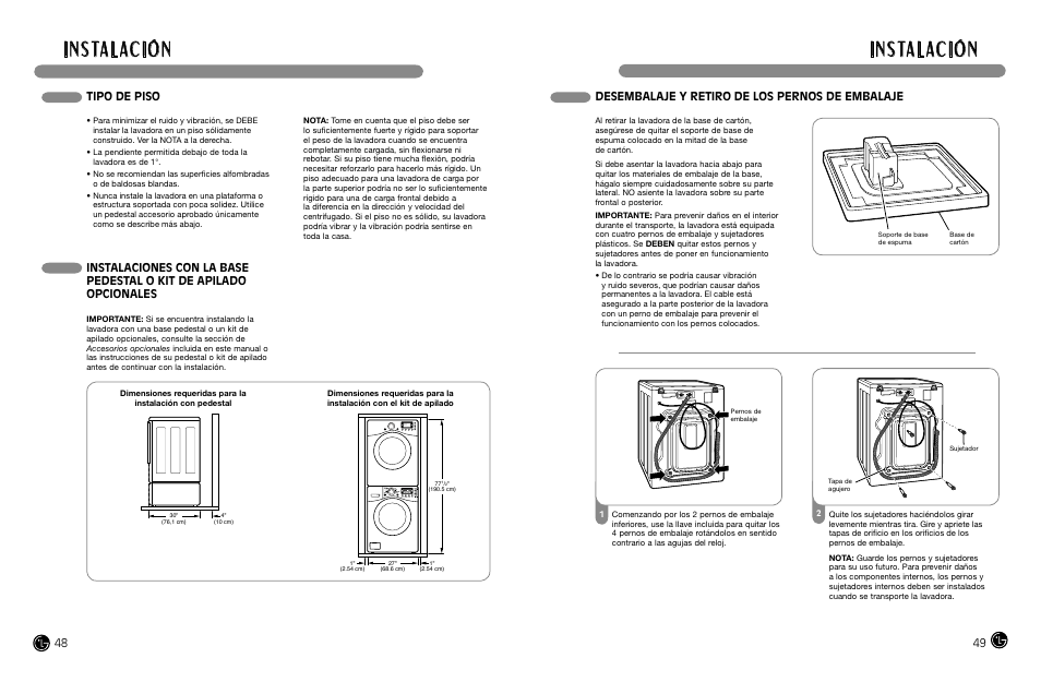 I n s ta l ac i ó n, Tipo de piso | LG WM3988HWA User Manual | Page 26 / 42