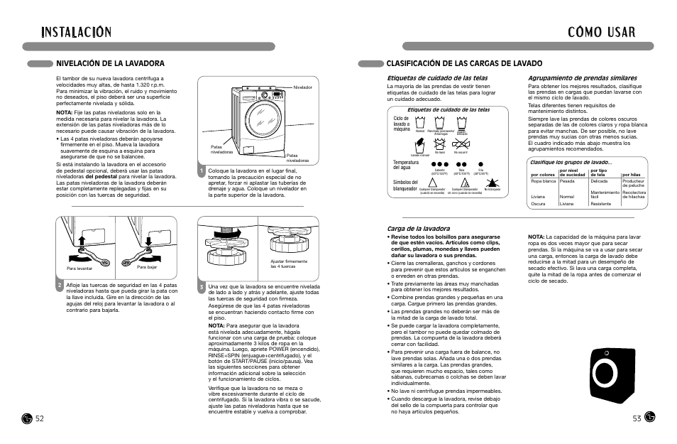 I n s ta l ac i ó n, Clasificación de las cargas de lavado, Nivelación de la lavadora | LG WM3988HWA User Manual | Page 28 / 42