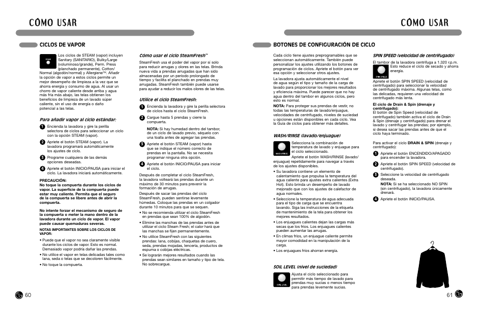 Botones de configuración de ciclo, Ciclos de vapor | LG WM3988HWA User Manual | Page 32 / 42