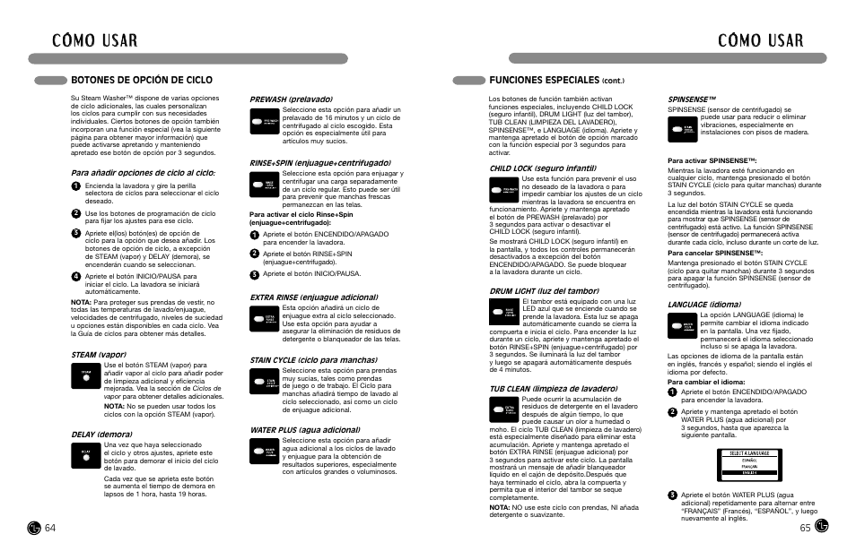 Botones de opción de ciclo, Funciones especiales | LG WM3988HWA User Manual | Page 34 / 42