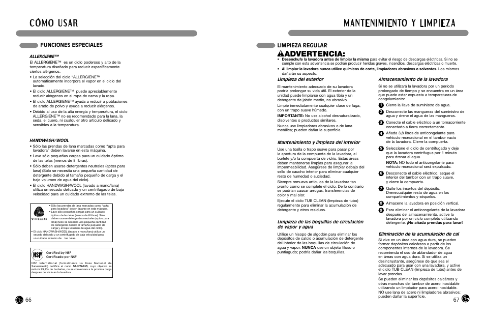 Wadvertencia, Limpieza regular, Funciones especiales | LG WM3988HWA User Manual | Page 35 / 42