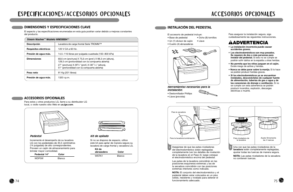 Wadvertencia, Dimensiones y especificaciones clave, Accesorios opcionales | Instalación del pedestal | LG WM3988HWA User Manual | Page 39 / 42