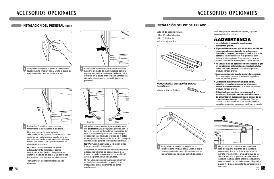 Wadvertencia, Instalación del pedestal, Instalación del kit de apilado | LG WM3988HWA User Manual | Page 40 / 42