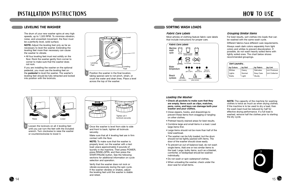 H o w to u s e, Sorting wash loads, Leveling the washer | LG WM3988HWA User Manual | Page 9 / 42