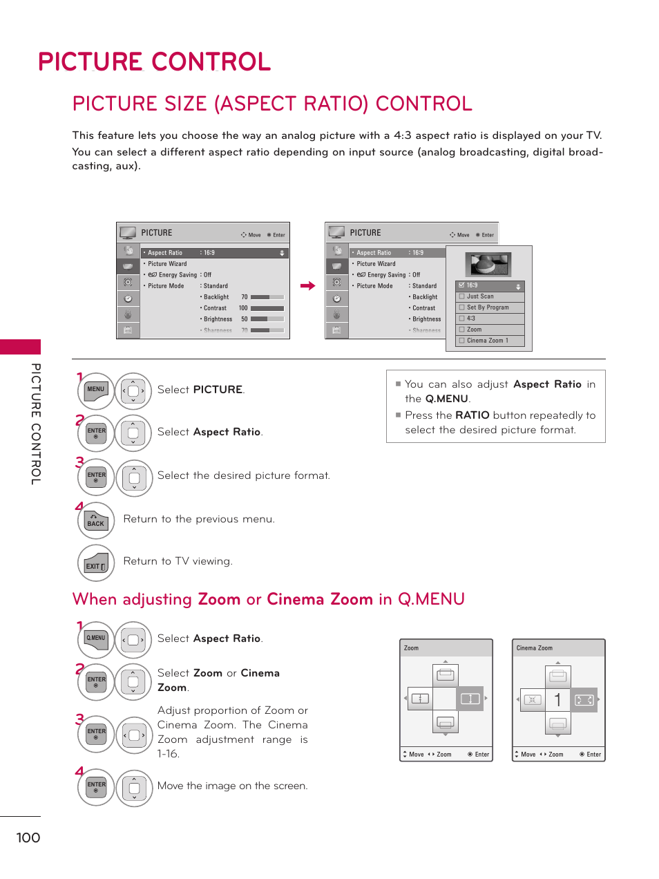 Picture control, Picture size (aspect ratio) control, When adjusting zoom or cinema zoom in q.menu | LG 19LE5300 User Manual | Page 100 / 172