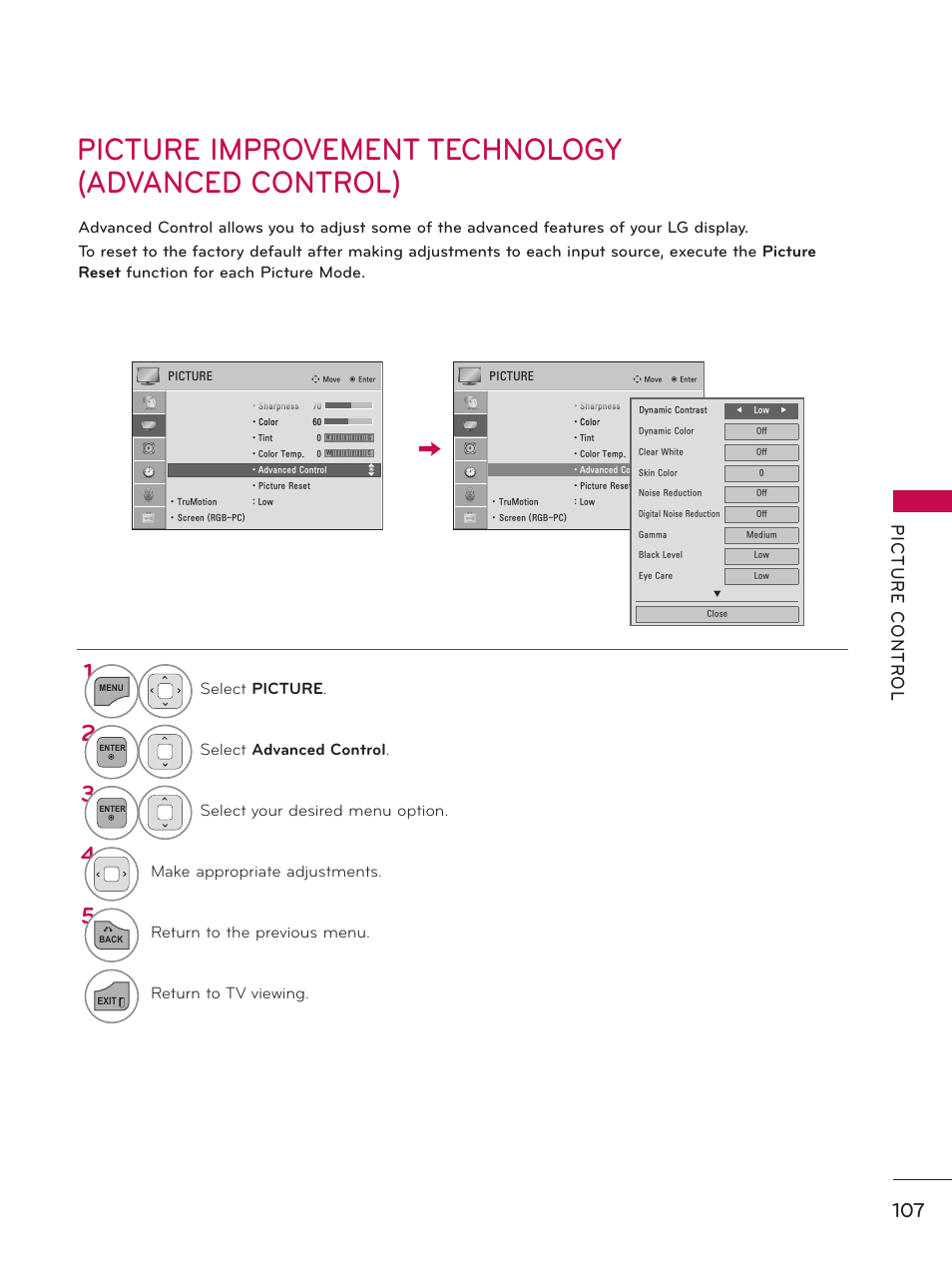 Picture improvement technology(advanced control), Picture improvement technology (advanced control), Select picture | Select advanced control, Select your desired menu option, Make appropriate adjustments, Return to the previous menu, Return to tv viewing | LG 19LE5300 User Manual | Page 107 / 172