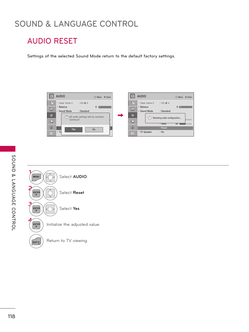 Audio reset, Sound & language control | LG 19LE5300 User Manual | Page 118 / 172