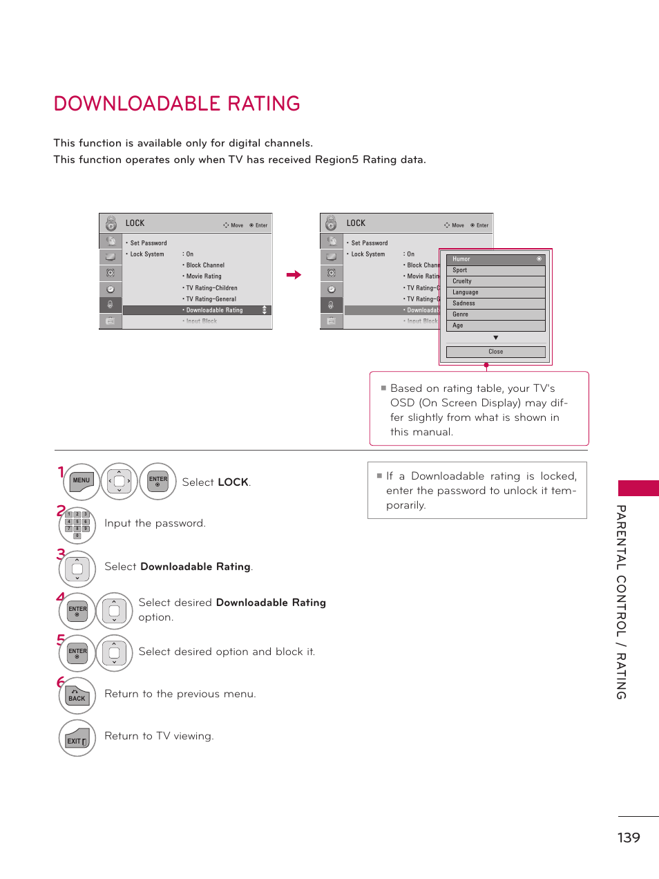 Downloadable rating | LG 19LE5300 User Manual | Page 139 / 172