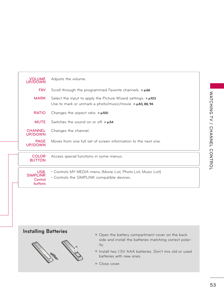 Installing batteries | LG 19LE5300 User Manual | Page 53 / 172