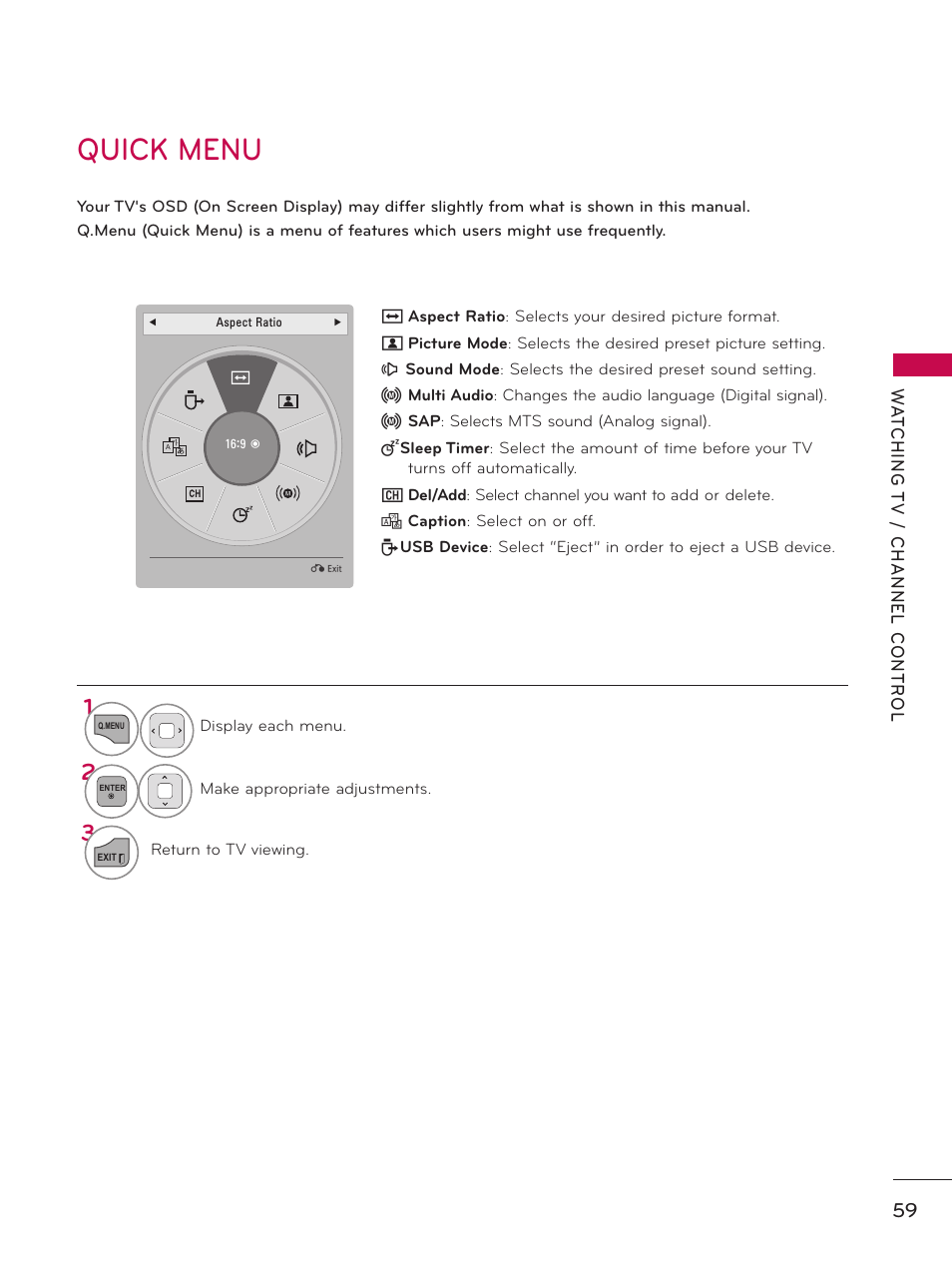 Quick menu | LG 19LE5300 User Manual | Page 59 / 172