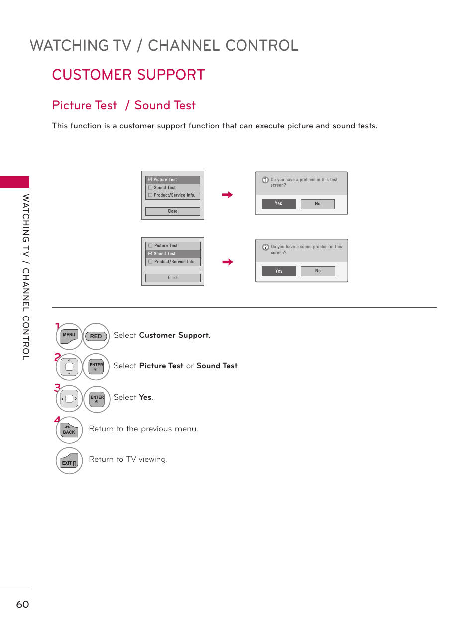 Customer support, Watching tv / channel control, Picture test / sound test | LG 19LE5300 User Manual | Page 60 / 172