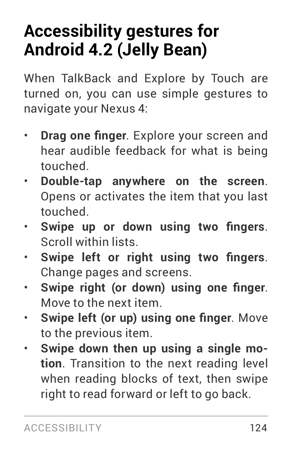 Accessibility gestures for, Android 4.2 (jelly bean) | LG LGE960W User Manual | Page 133 / 235