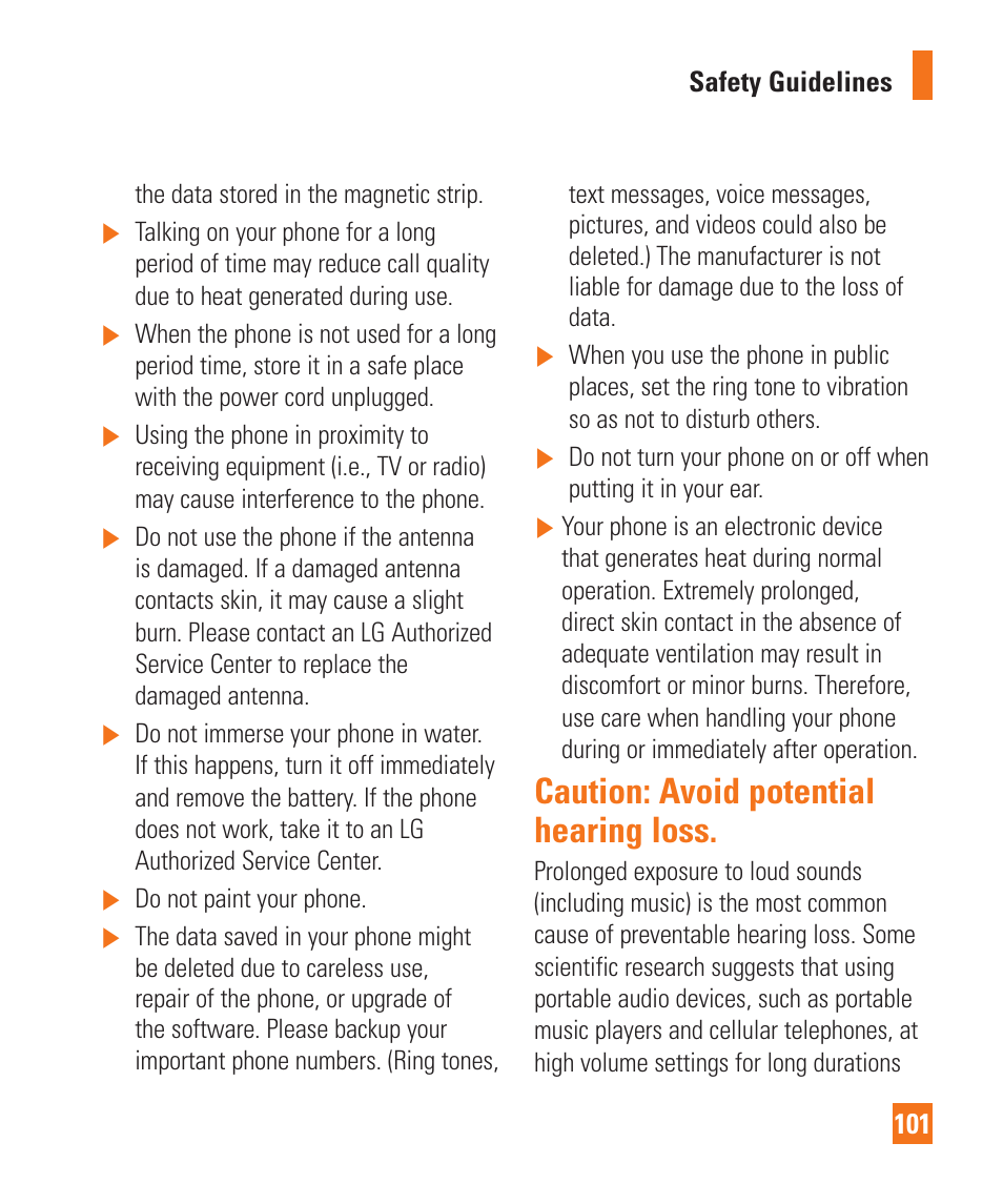 Caution: avoid potential hearing loss | LG LGE970 User Manual | Page 101 / 117