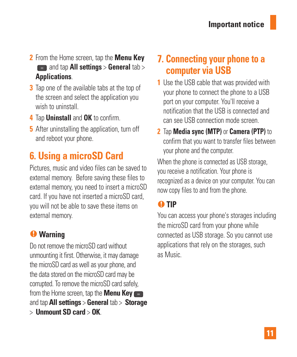 Using a microsd card, Connecting your phone to a computer via usb | LG LGE970 User Manual | Page 11 / 117